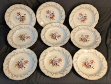 9 Digoin Sarreguemines hollow plates, arabesques flowers golden frieze, 24 cm