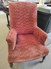 Ancien Fauteuil avec roulettes en bois et tissu type crapaud