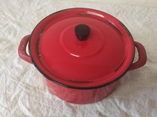 Ancien Faitout Marmite Casserole + couvercle  en émail rouge