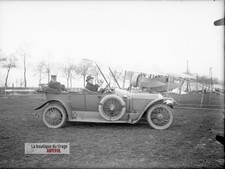 Car, plane biplane, civilians, glass plate, old photo, negative 9x12 cm