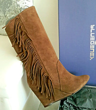 TREND Bottes mi hautes cuir nubuck marron chocolat franges compensé BLUEGENEX 38