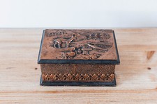 Antique wooden chest copper cladding mountain decoration handmade box