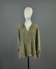 120% LINO Khaki Linen Lagenlook Oversized Long Sleeve Blouse Tunic Shirt Size 42