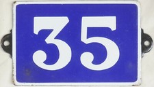 Old blue French house number 35 door gate plate plaque enamel steel metal sign