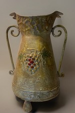 Antique French Country Cottage Core Tole Vase Hand Painted Metal Urn Handles