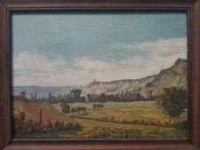 Tableau Ancien Huile Bois vers 1930 Paysage Champs Vallée Montagnes Encadré