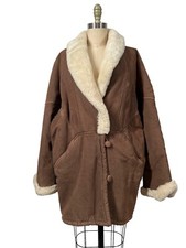 Vtg J PERCY Marvin Richards Shawl Batwing Cocoon Brown Leather Faux Fur Coat M