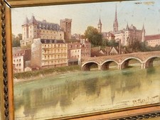 Painting signed MOULLOT. Chateau de PAU. Oil painting on wood panel.