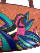 Vtg Le Sac Orange Woven Handbag Tropical Bird Purse Shoulder Bag Metallic Gold