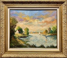 FLAUBERT Paul Large Painting Animated Landscape Riverfront Pointillist Painting