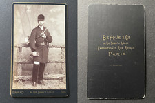 Benque, Paris, man in rider's outfit wearing a horn, hunting, circa 1880 wine