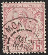 TIMBRE MONACO 1891 Albert I 15 c rose terne, belle Oblitération Monte-Carlo.TB