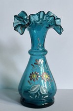 VASE MINIATURE ANCIEN H 11,5 cm VERRE SOUFFLE BLEU EMAILLE COL COROLLE XIXème