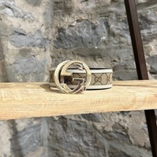Gucci Ivory Trim Beige Canvas Interlocking GG Gold Buckle Belt - 80cm
