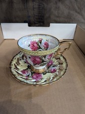 Vintage Fan Crest Fine China Gold Gild Porcelaine Saucer & Tea Cup Japan 7296