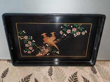 ancien plateau laque noir decor Oiseaux 🐦 Fesant table service Chinois Signé 