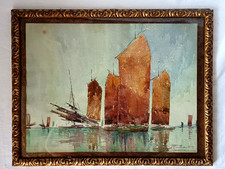 TABLEAU JONQUES CHINOISES AQUARELLE SIGNEE RAOUL WIELMAKER 1887 / 1973 MARINE