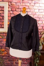 Blouse Vintage Orig 60S En Nylon Noire Gothique À Col Bubikragen Plissé M