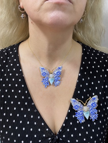 Collier broche papillon bleu - collier,