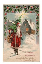 Embossed postcard . Santa Claus . Santa Claus. Red Dress and Christmas Tree