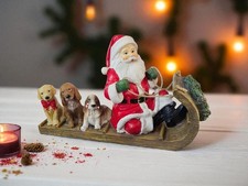 Santa and Puppy Dogs Sledding Figurine Toboggan Sled Large 12 in Christmas Decor
