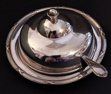 PLAT, POT COUVERT à CONFITURE, MARMELADE Rond en Métal Argenté  avec Cuillère