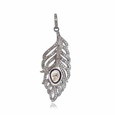 Véritable Diamant Pavé 925 Argent Sterling Polki Diamant Pendentif Plume Bijoux