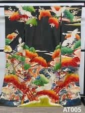 Antique Furisode Kimono with Gold Embroidery, Gold Leaf, Crane Design, Silk,