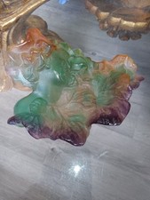 DAUM - Green Brown Pate De Verre Leaf Trinket Dish Lady’s Face Gorgeous