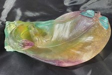 Daum France Pate De Verre Lizard  Butterfly Leaf Dish Tray 1990's Green Purple