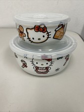 Hello Kitty CHRISTMAS Ceramic Nesting Tupperware Storage Bowls w Lids Big/Small