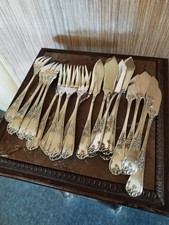 Ménagère 22 Pièces Service à Poisson Décor Floral et Feuillages Métal Argenté