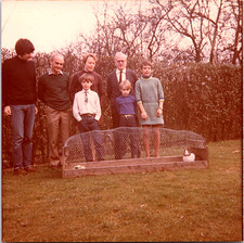 Vintage 1970s Found Photo - Little Family Watch Rabbits In A Small Cage In Yard