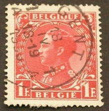 Timbre Belgique 1 Franc 1935 Léopold III Photoengraving Rouge Carmin