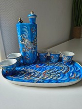 Ancien Service à Saké Bleu Satsuma  Motifs Dragon-Porcelaine Japonaise 1940/1950