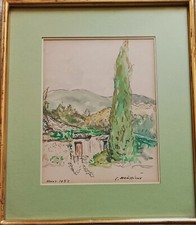 Aquarelle de Lucien MAINSSIEUX  (1885-1958) - Le cyprès à Nyons, 1952 - Drôme