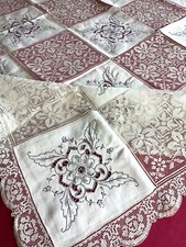 Antique tablecloth + 12 embroidered linen thread towels + lace inlays
