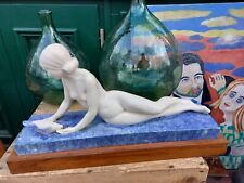 Guero Art Deco Crackled Ceramic Woman Nude Pigeon Signed