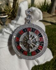Iced Roulette Pendant 925 Silver Casino Bling CZ Stones Enamel Wheel 25g