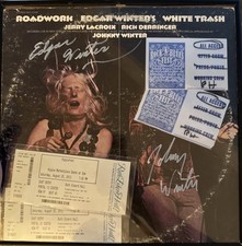 Johnny & Edgar Winter, Rick Derringer (reverse) Autographs 8/25/12, Back Stage