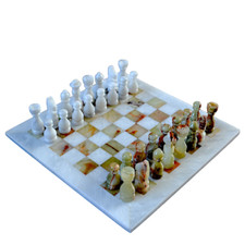 Échiquier de Table Avec Echecs Marbre Blanc Onyx Vert Italien Chess Set 30cm
