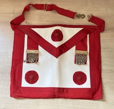 Antique White Leather and Red Silk Masonic Apron - Gold Accessories - Ital
