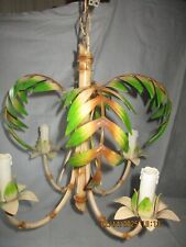 LUSTRE SUSPENSION VINTAGE  METAL PEINT FEUILLES PALMIER TIGE BAMBOU 1940/60-BE