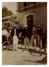 France, young men and their bikes, vintage print, ca.1900 France, young men