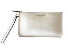 KARL LAGERFELD Wristlet White Cream Pebbled  Zipper Clutch Purse Strap Paris