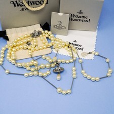 Vivienne Westwood Necklace Silver Tone Bas Relief Broken Pearl Orb Choker & Box