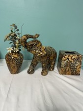 VTG La Vie 3 Piece Elephant, Vase, Tissue HolderSafari Patchwork Glazed Ceramic