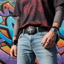 Homme Femme Mode Ouest Noir Boucle Ceinture Argent Métal Bling Croix Jour Nuit