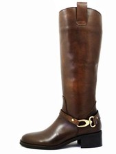 Bottes Femme Équitation Cuir Brun Cuir Talon Bas Made IN Italy