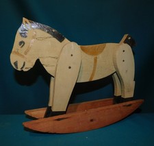 OLD ROCKING TOY. YELLOW POLYCHROME WOODEN HORSE. L 30cm H 25cm . 1920